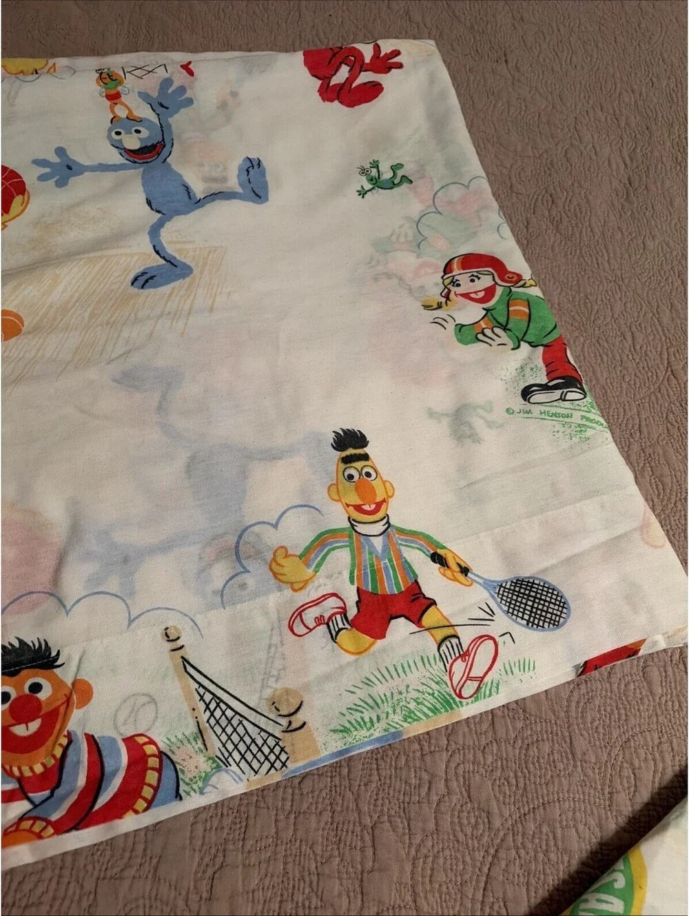 Vintage Sesame Street Twin Size Flat Sheet and 1 pillowcase Playing Sports